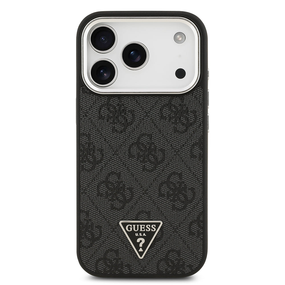 iPhone 17 Pro Kılıf Guess Orijinal Lisanslı M-safe Şarj Özellikli Gümüş Metal Kamera Çerçeveli Üçgen Logo 4G Desenli Kılıf
