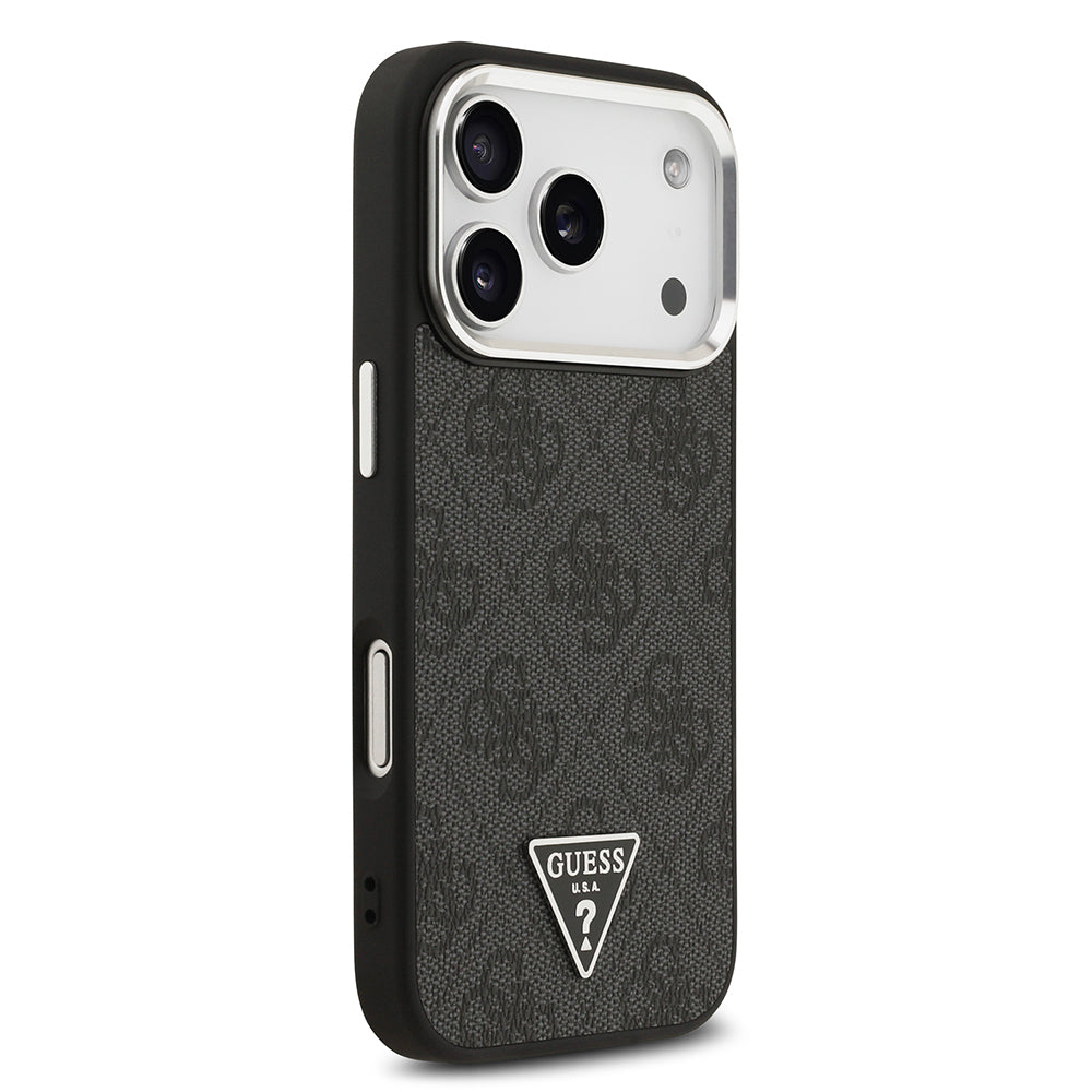 iPhone 17 Pro Kılıf Guess Orijinal Lisanslı M-safe Şarj Özellikli Gümüş Metal Kamera Çerçeveli Üçgen Logo 4G Desenli Kılıf