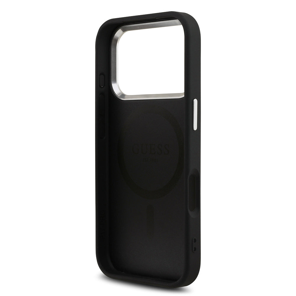 iPhone 17 Pro Kılıf Guess Orijinal Lisanslı M-safe Şarj Özellikli Gümüş Metal Kamera Çerçeveli Üçgen Logo 4G Desenli Kılıf