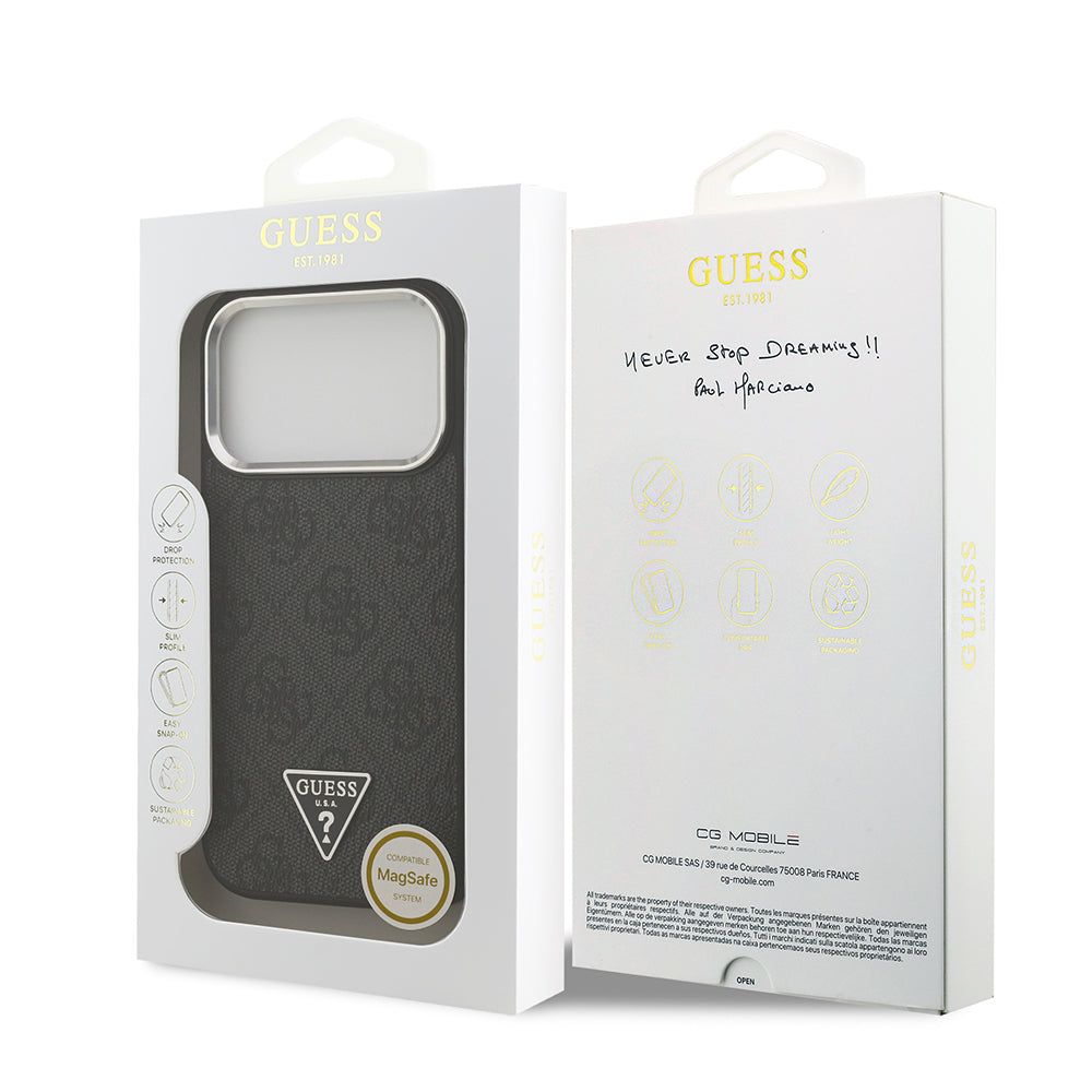 iPhone 17 Pro Kılıf Guess Orijinal Lisanslı M-safe Şarj Özellikli Gümüş Metal Kamera Çerçeveli Üçgen Logo 4G Desenli Kılıf