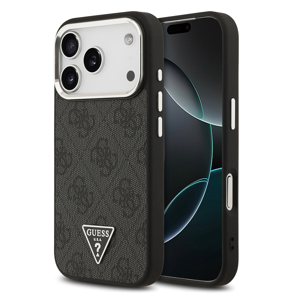 iPhone 17 Pro Kılıf Guess Orijinal Lisanslı M-safe Şarj Özellikli Gümüş Metal Kamera Çerçeveli Üçgen Logo 4G Desenli Kılıf