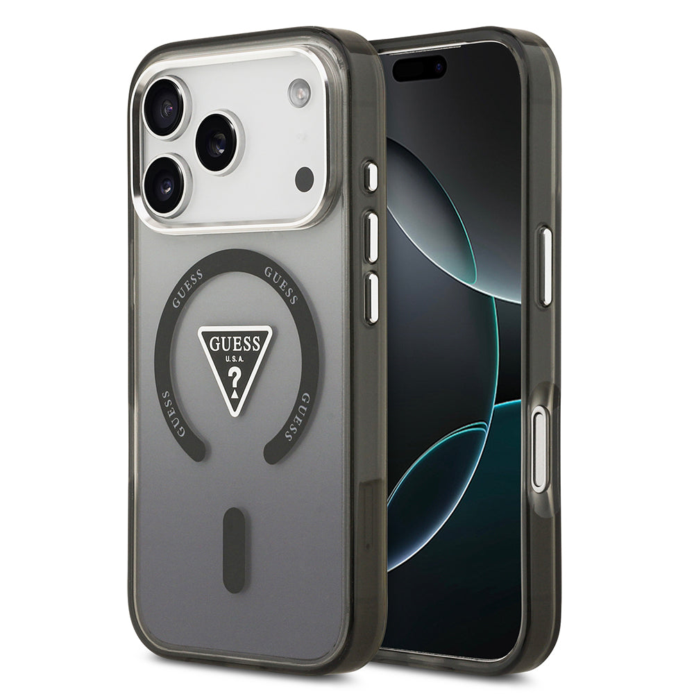 iPhone 17 Pro Kılıf Guess Orijinal Lisanslı M-safe Şarj Özellikli IML Baskılı Üçgen Logolu Metal Kamera Çerçeveli Kılıf