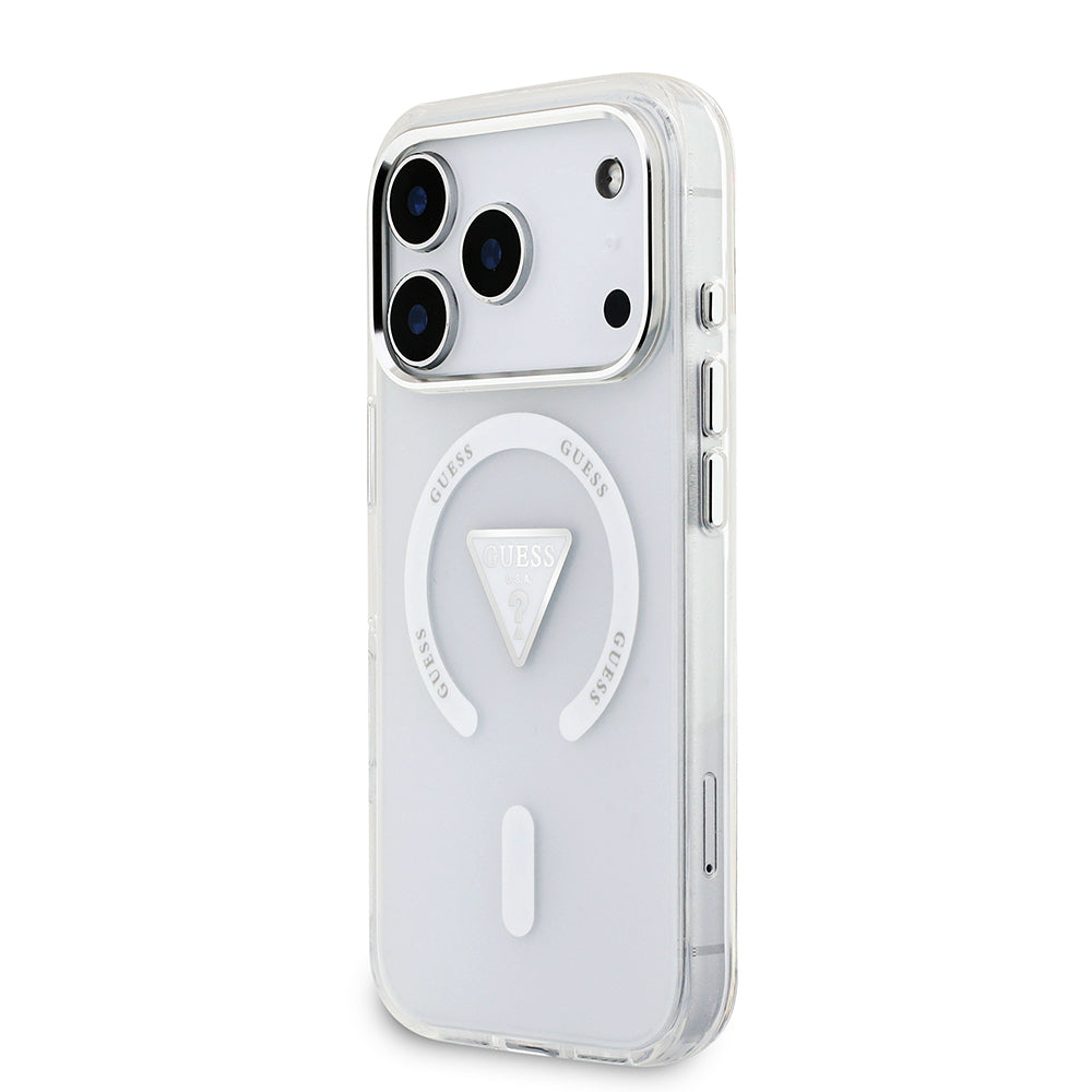 iPhone 17 Pro Kılıf Guess Orijinal Lisanslı M-safe Şarj Özellikli IML Baskılı Üçgen Logolu Metal Kamera Çerçeveli Kılıf