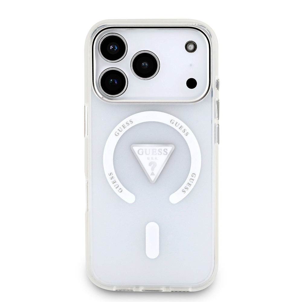 iPhone 17 Pro Kılıf Guess Orijinal Lisanslı M-safe Şarj Özellikli IML Baskılı Üçgen Logolu Metal Kamera Çerçeveli Kılıf