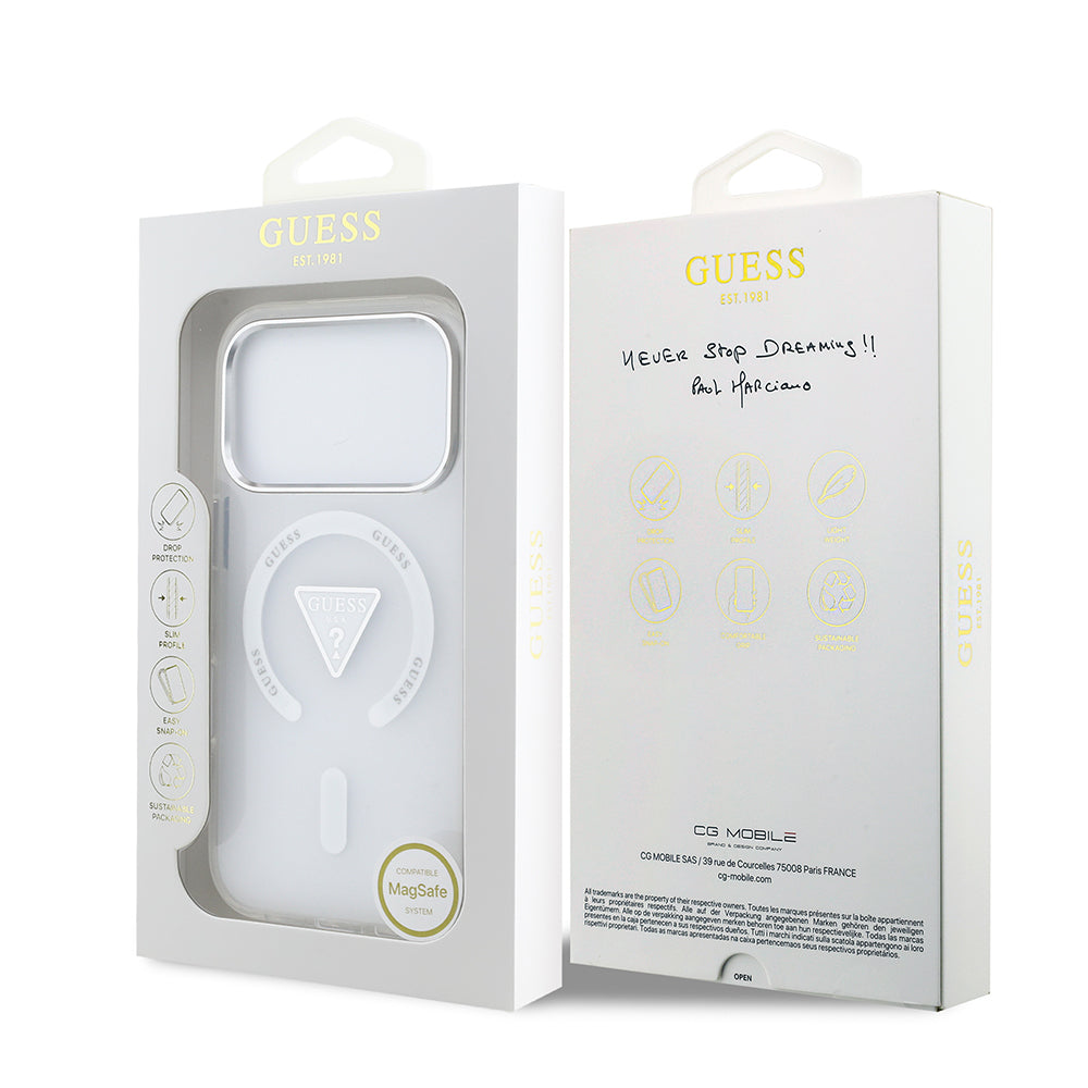 iPhone 17 Pro Kılıf Guess Orijinal Lisanslı M-safe Şarj Özellikli IML Baskılı Üçgen Logolu Metal Kamera Çerçeveli Kılıf