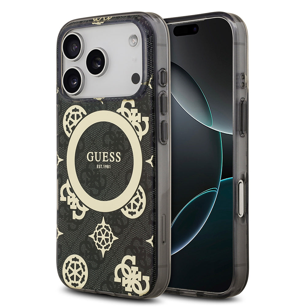 iPhone 17 Pro Kılıf Guess Orijinal Lisanslı M-safe Şarj Özellikli IML Peony ve 4G Desenli Klasik Logolu Kılıf