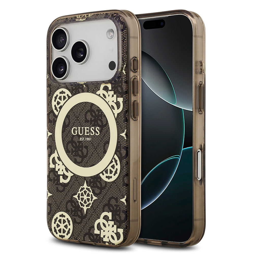 iPhone 17 Pro Kılıf Guess Orijinal Lisanslı M-safe Şarj Özellikli IML Peony ve 4G Desenli Klasik Logolu Kılıf