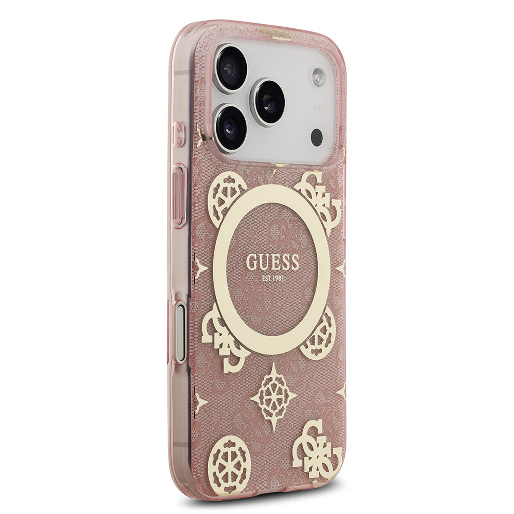 iPhone 17 Pro Kılıf Guess Orijinal Lisanslı M-safe Şarj Özellikli IML Peony ve 4G Desenli Klasik Logolu Kılıf