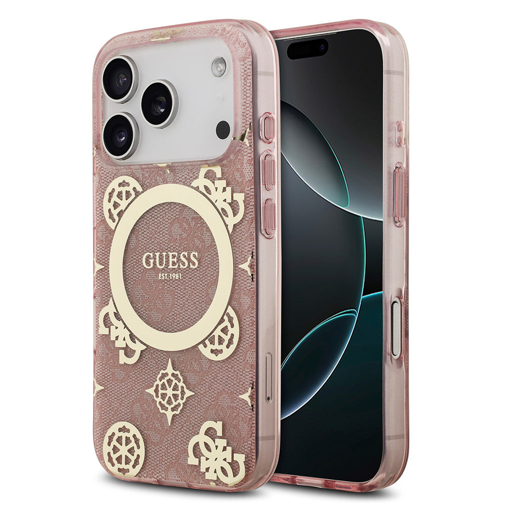 iPhone 17 Pro Kılıf Guess Orijinal Lisanslı M-safe Şarj Özellikli IML Peony ve 4G Desenli Klasik Logolu Kılıf