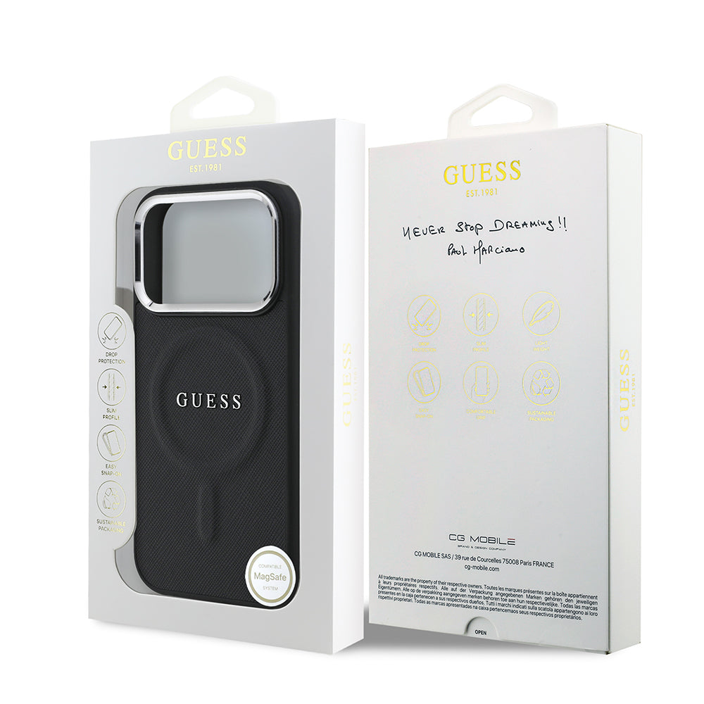 iPhone 17 Pro Kılıf Guess Orijinal Lisanslı M-safe Şarj Özellikli Klasik Yazı Logolu PU Deri Kılıf