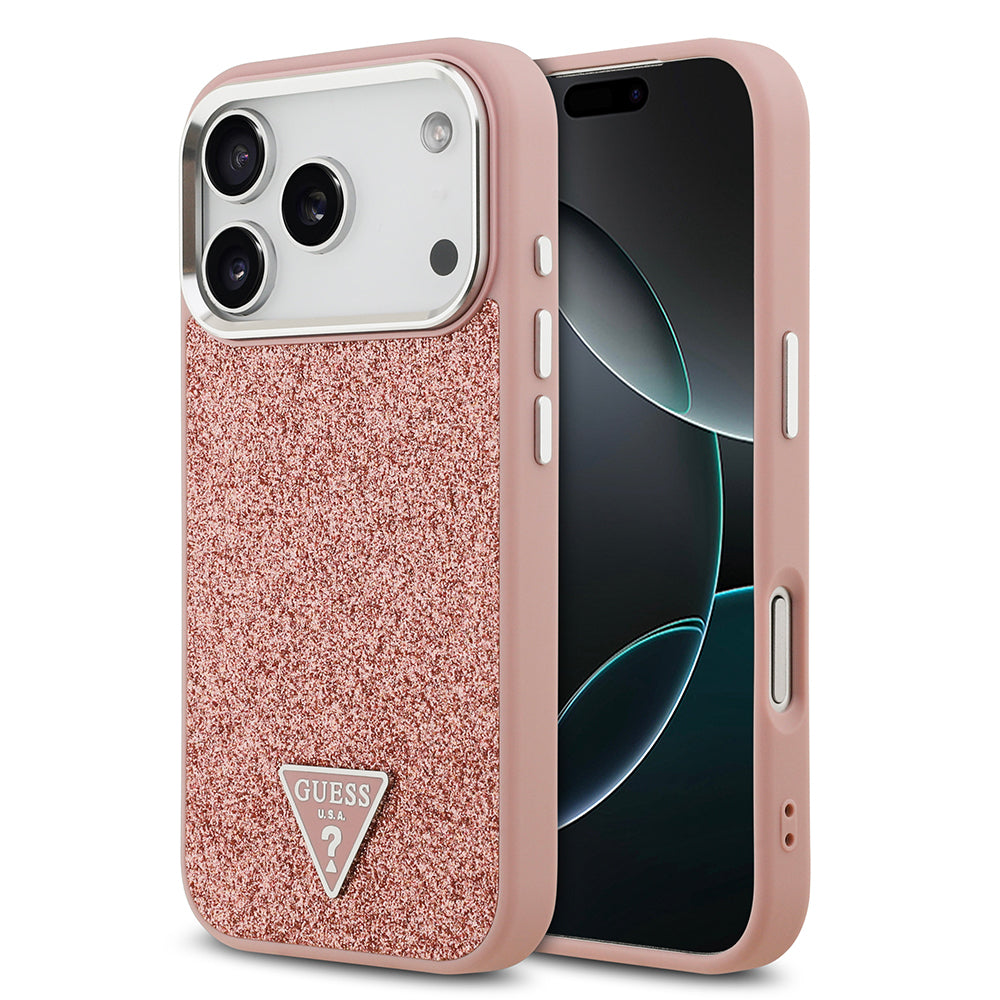 iPhone 17 Pro Kılıf Guess Orijinal Lisanslı M-safe Şarj Özellikli Metal Kamera Çerçeveli Üçgen Logolu Glitter Kılıf