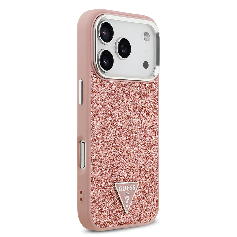 iPhone 17 Pro Kılıf Guess Orijinal Lisanslı M-safe Şarj Özellikli Metal Kamera Çerçeveli Üçgen Logolu Glitter Kılıf