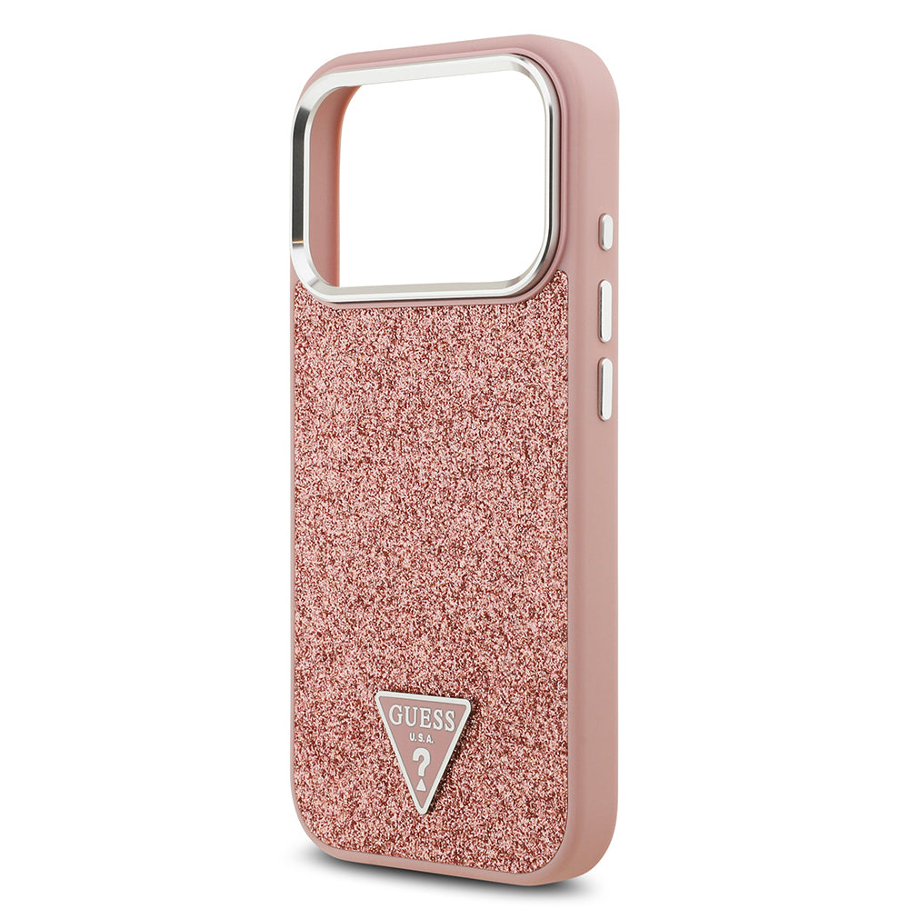 iPhone 17 Pro Kılıf Guess Orijinal Lisanslı M-safe Şarj Özellikli Metal Kamera Çerçeveli Üçgen Logolu Glitter Kılıf