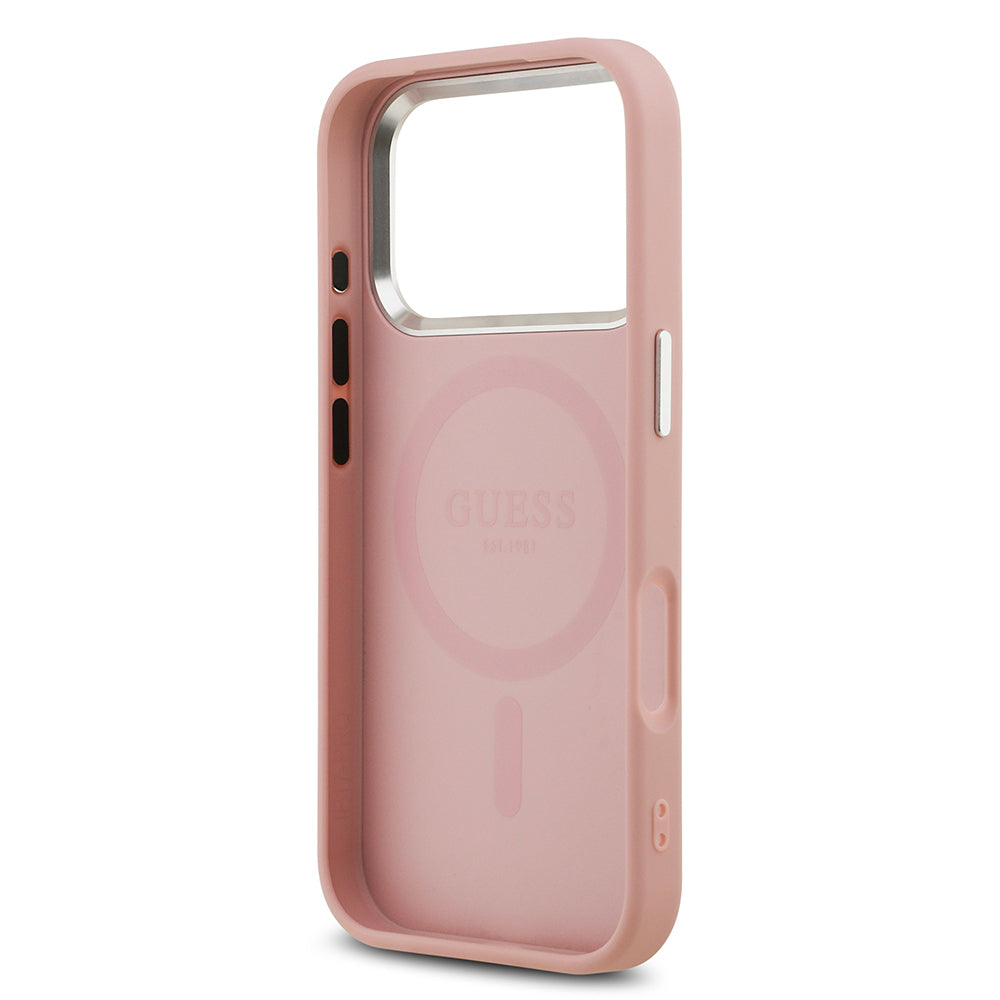 iPhone 17 Pro Kılıf Guess Orijinal Lisanslı M-safe Şarj Özellikli Metal Kamera Çerçeveli Üçgen Logolu Glitter Kılıf