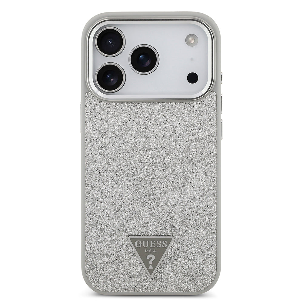 iPhone 17 Pro Kılıf Guess Orijinal Lisanslı M-safe Şarj Özellikli Metal Kamera Çerçeveli Üçgen Logolu Glitter Kılıf