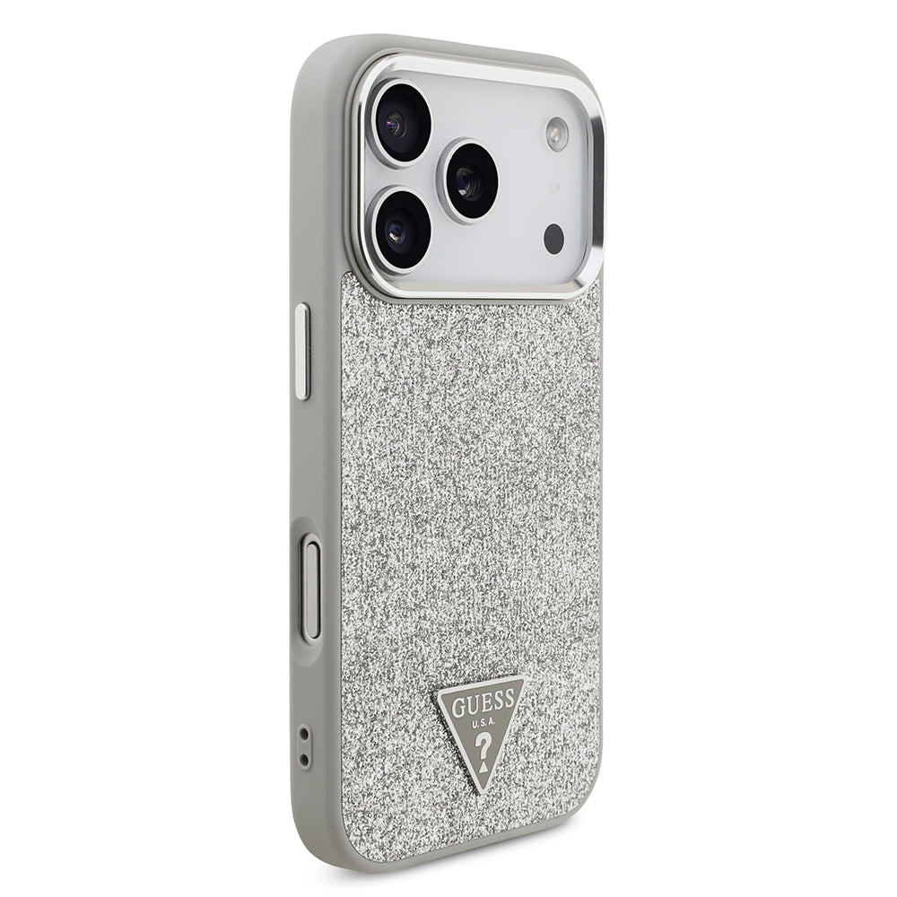 iPhone 17 Pro Kılıf Guess Orijinal Lisanslı M-safe Şarj Özellikli Metal Kamera Çerçeveli Üçgen Logolu Glitter Kılıf