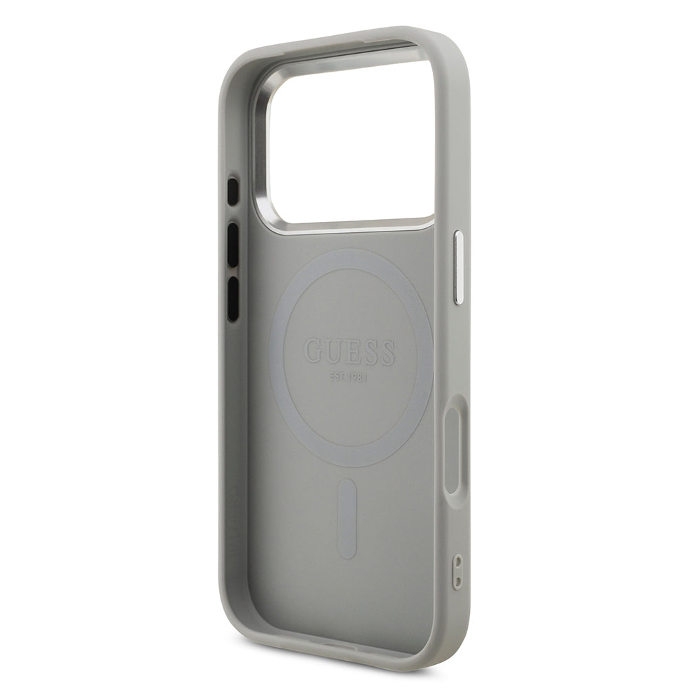 iPhone 17 Pro Kılıf Guess Orijinal Lisanslı M-safe Şarj Özellikli Metal Kamera Çerçeveli Üçgen Logolu Glitter Kılıf