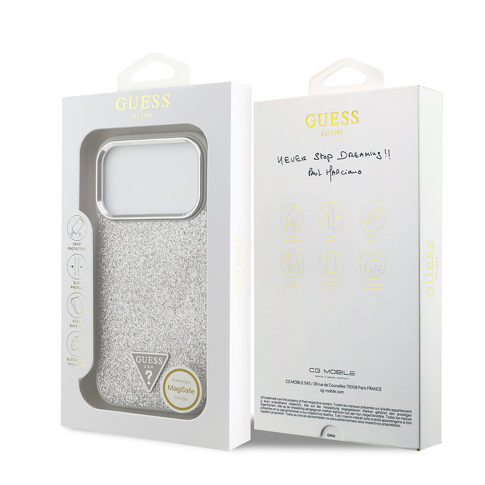 iPhone 17 Pro Kılıf Guess Orijinal Lisanslı M-safe Şarj Özellikli Metal Kamera Çerçeveli Üçgen Logolu Glitter Kılıf