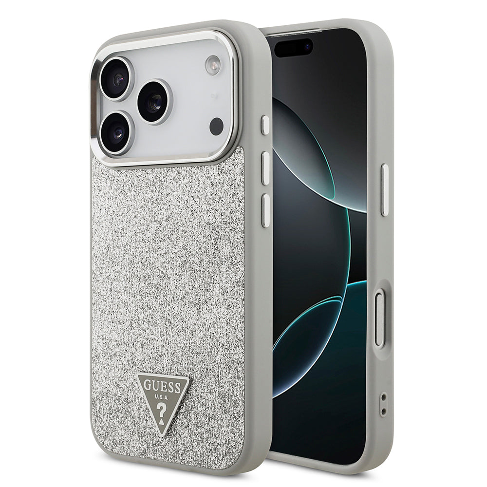 iPhone 17 Pro Kılıf Guess Orijinal Lisanslı M-safe Şarj Özellikli Metal Kamera Çerçeveli Üçgen Logolu Glitter Kılıf