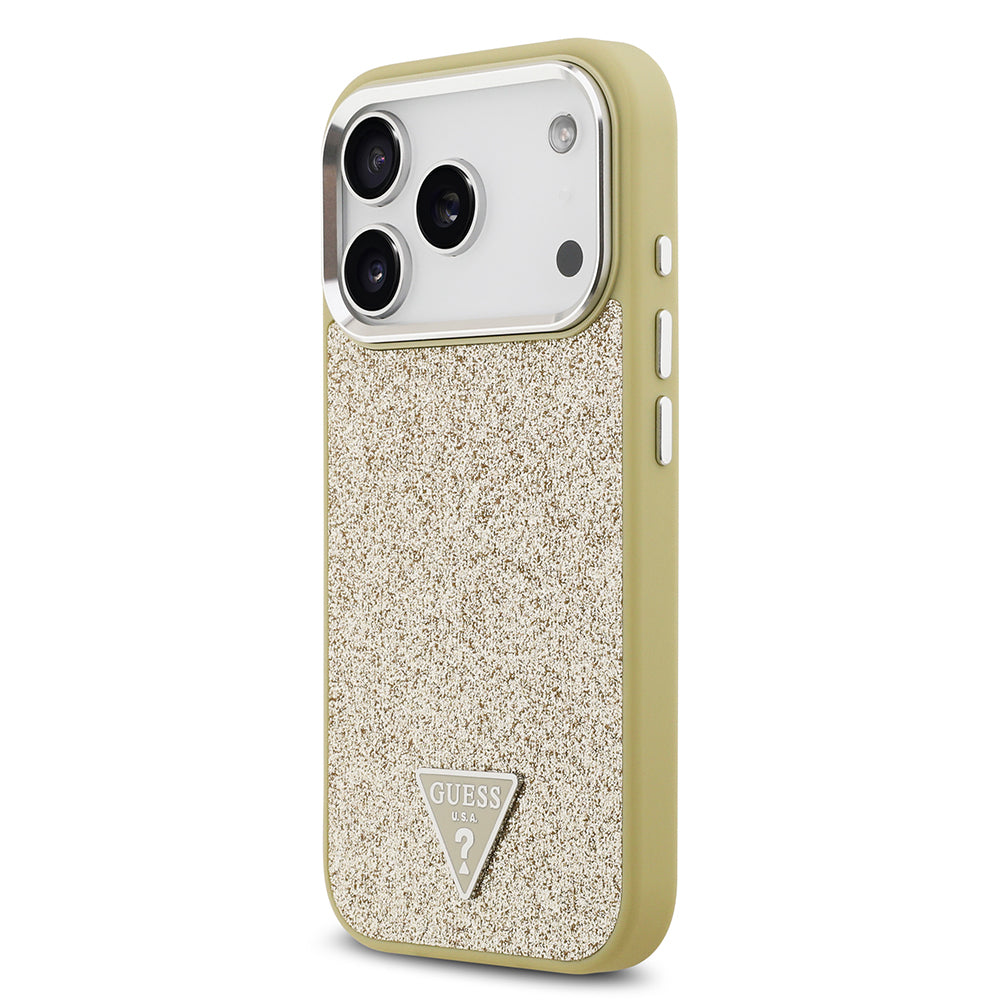 iPhone 17 Pro Kılıf Guess Orijinal Lisanslı M-safe Şarj Özellikli Metal Kamera Çerçeveli Üçgen Logolu Glitter Kılıf