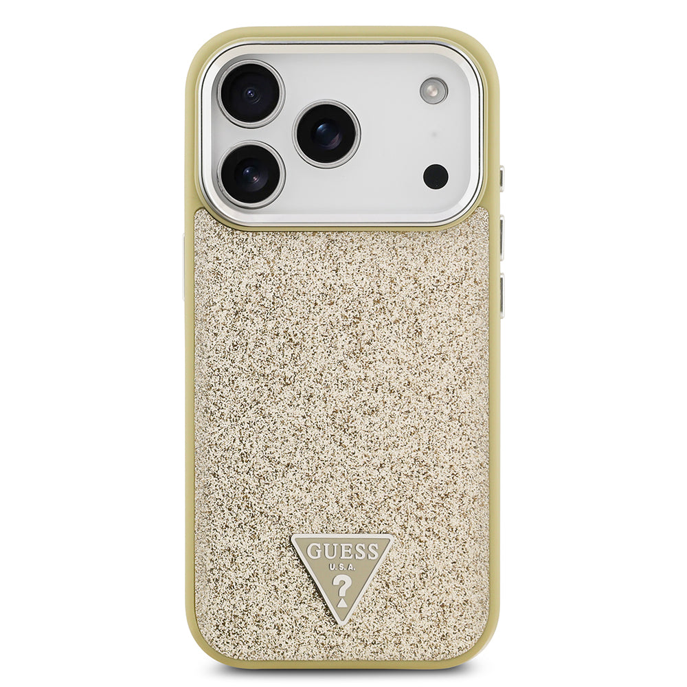 iPhone 17 Pro Kılıf Guess Orijinal Lisanslı M-safe Şarj Özellikli Metal Kamera Çerçeveli Üçgen Logolu Glitter Kılıf