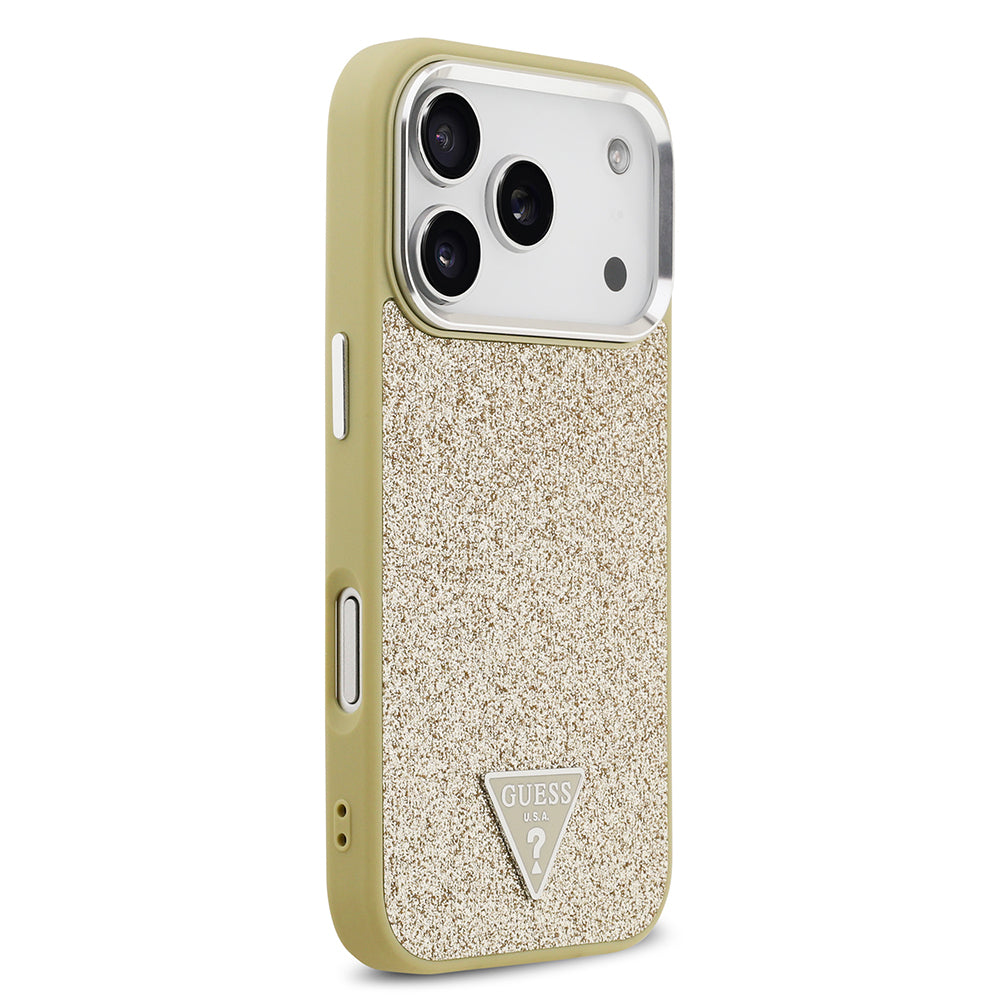 iPhone 17 Pro Kılıf Guess Orijinal Lisanslı M-safe Şarj Özellikli Metal Kamera Çerçeveli Üçgen Logolu Glitter Kılıf