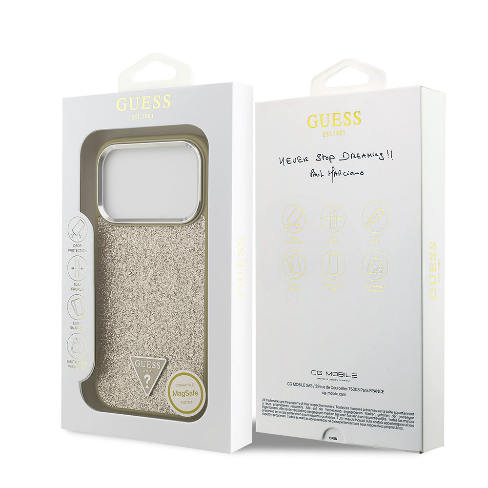 iPhone 17 Pro Kılıf Guess Orijinal Lisanslı M-safe Şarj Özellikli Metal Kamera Çerçeveli Üçgen Logolu Glitter Kılıf
