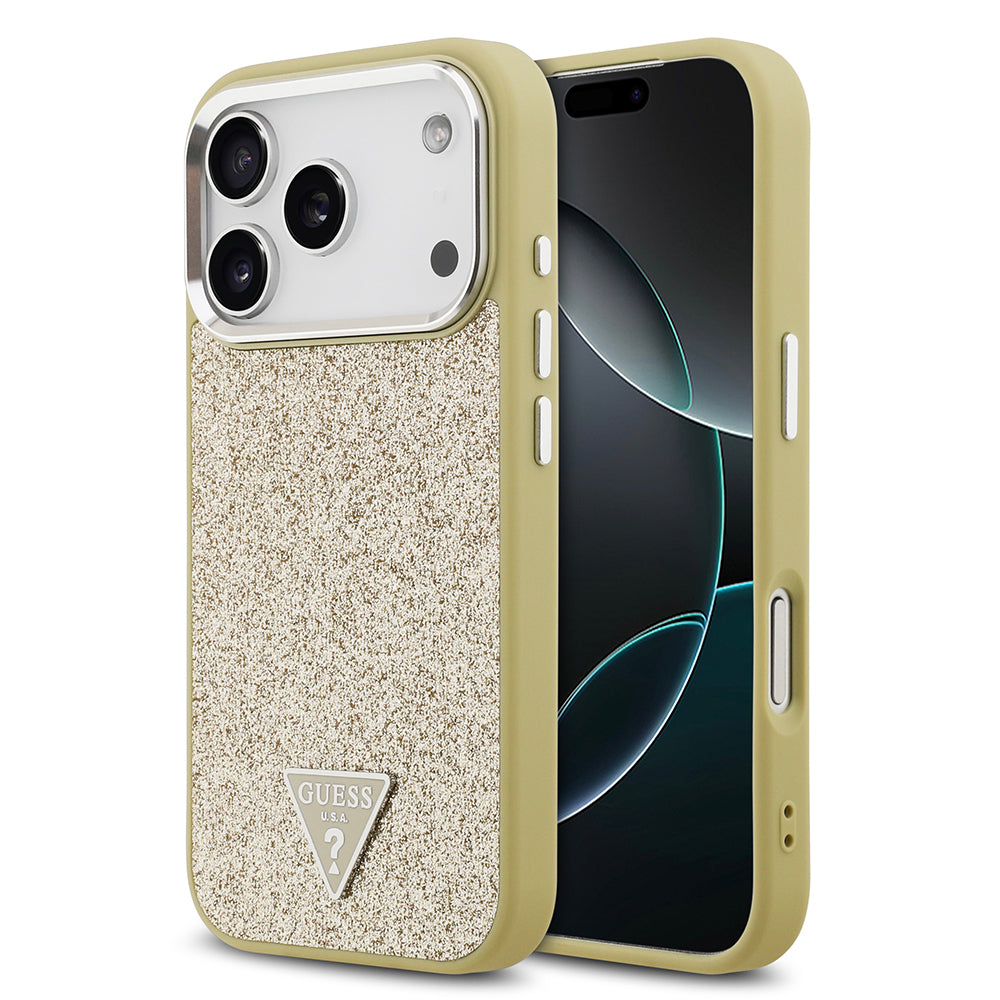 iPhone 17 Pro Kılıf Guess Orijinal Lisanslı M-safe Şarj Özellikli Metal Kamera Çerçeveli Üçgen Logolu Glitter Kılıf