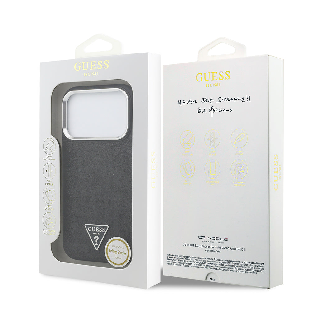 iPhone 17 Pro Kılıf Guess Orijinal Lisanslı M-safe Şarj Özellikli Metal Kamera Çerçeveli Üçgen Logolu Glitter Kılıf