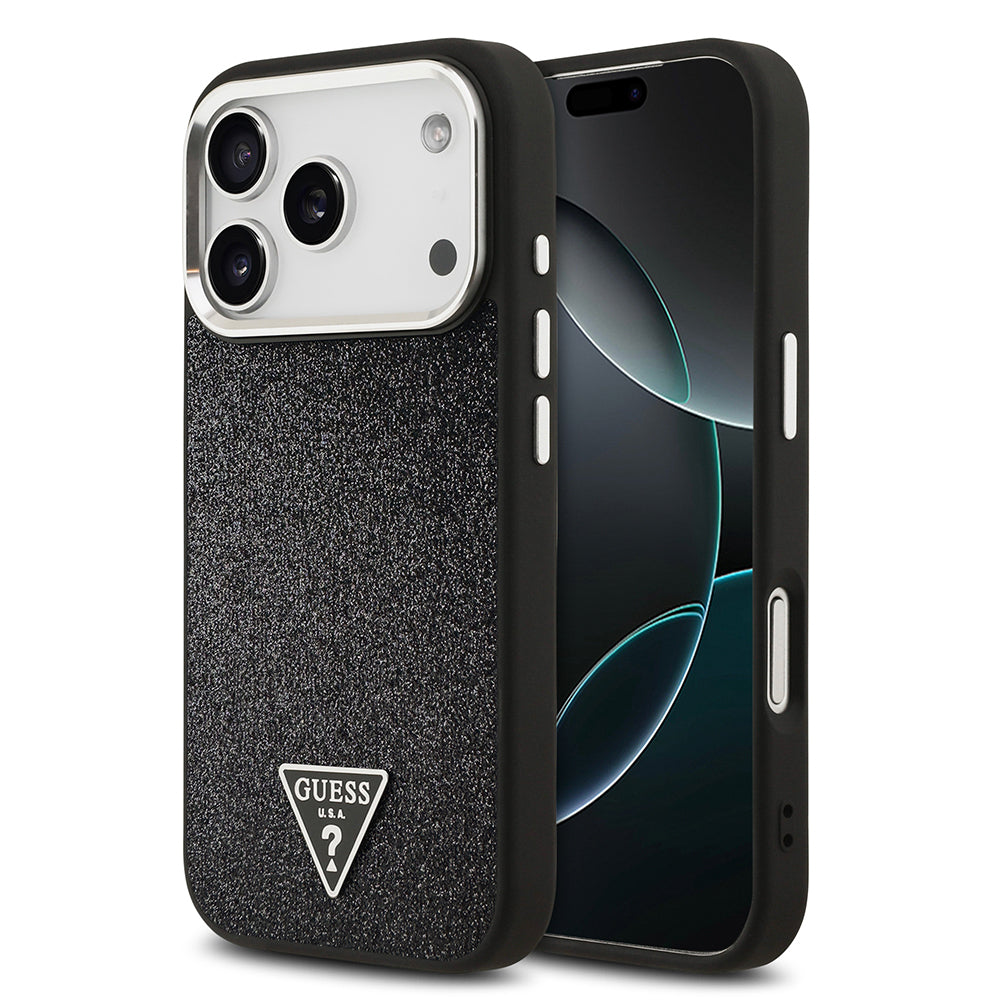 iPhone 17 Pro Kılıf Guess Orijinal Lisanslı M-safe Şarj Özellikli Metal Kamera Çerçeveli Üçgen Logolu Glitter Kılıf