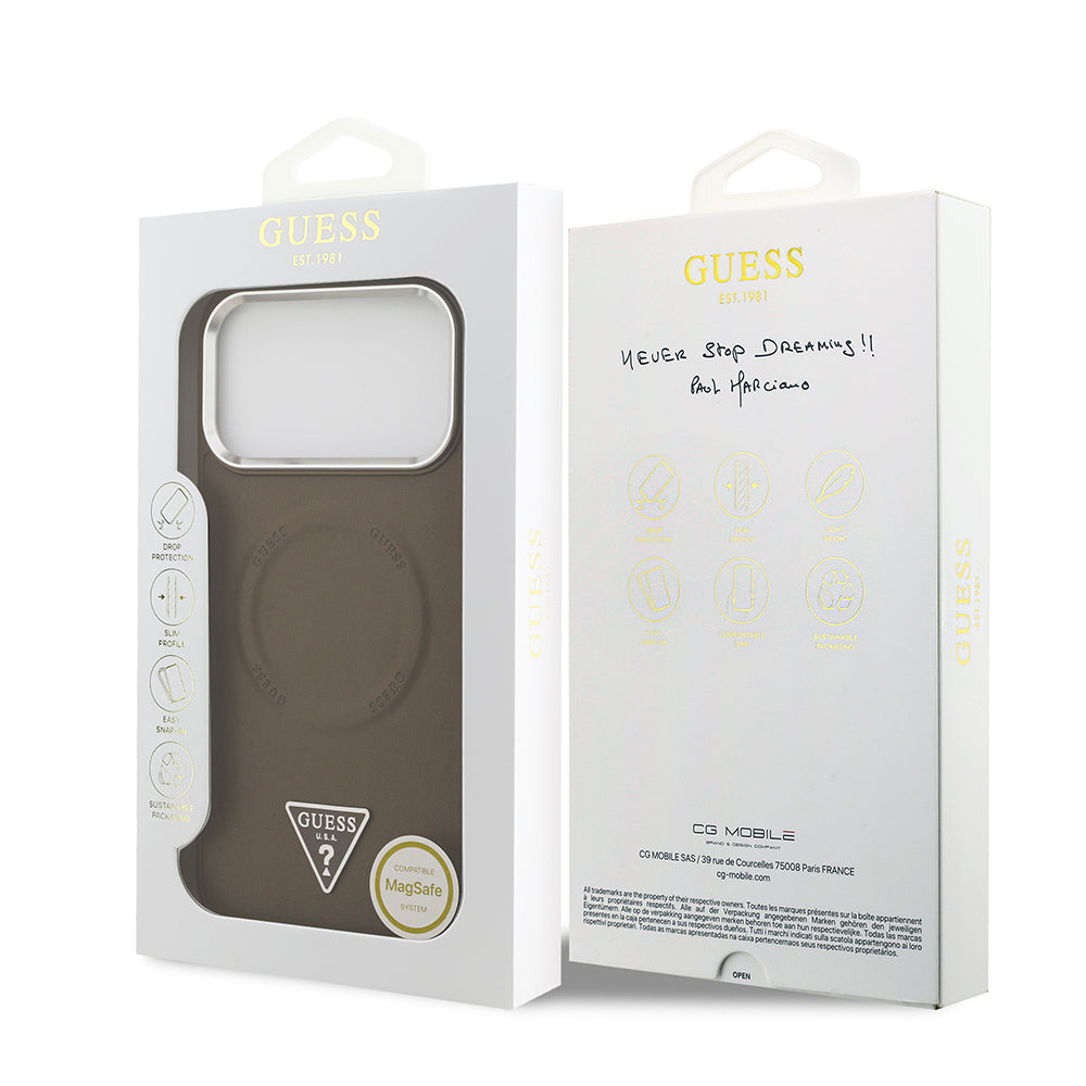 iPhone 17 Pro Kılıf Guess Orijinal Lisanslı M-safe Şarj Özellikli PU Deri Metal Kamera Çerçeveli Üçgen Logolu Kılıf