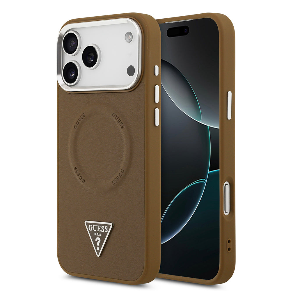 iPhone 17 Pro Kılıf Guess Orijinal Lisanslı M-safe Şarj Özellikli PU Deri Metal Kamera Çerçeveli Üçgen Logolu Kılıf