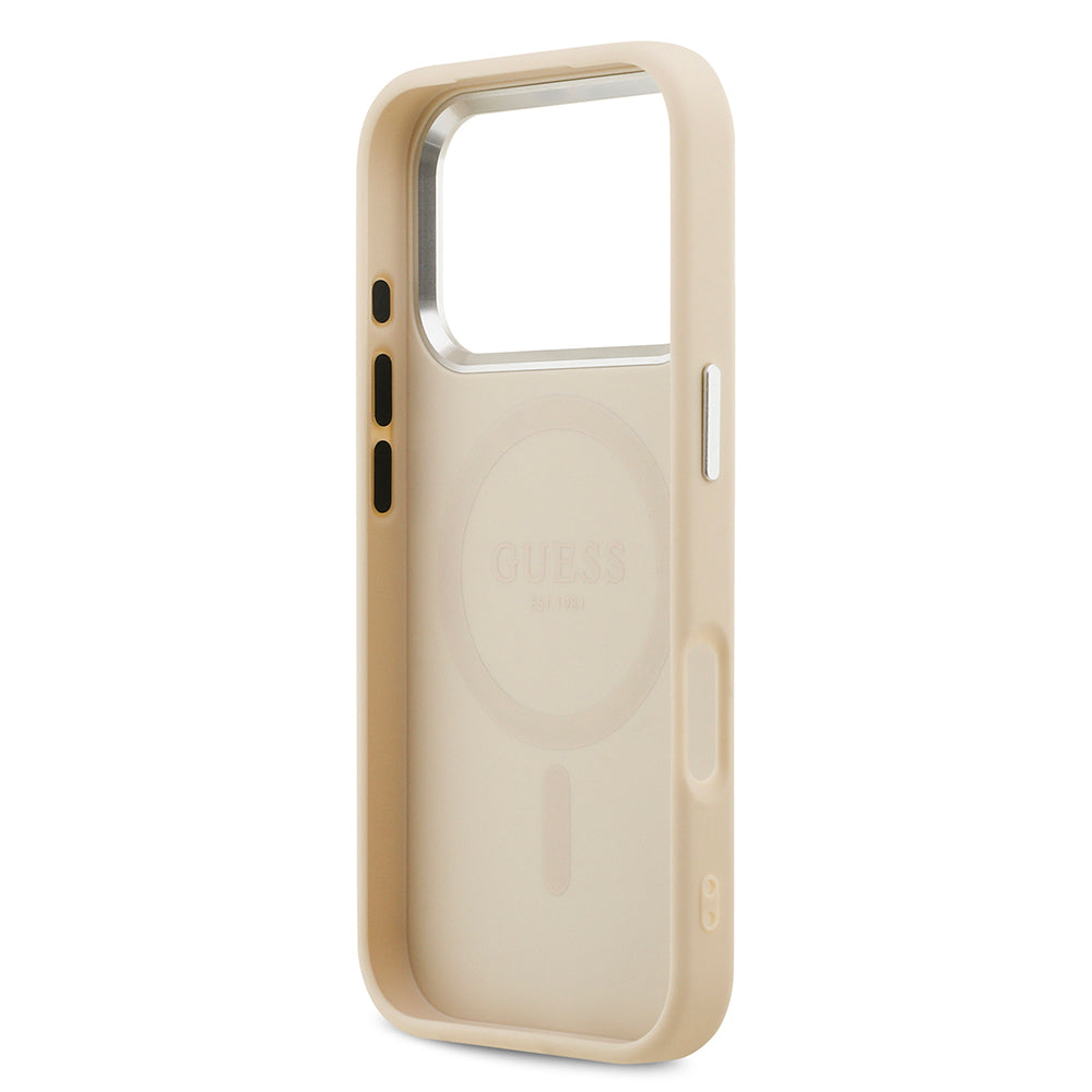 iPhone 17 Pro Kılıf Guess Orijinal Lisanslı M-safe Şarj Özellikli Sıcak Baskılı Klasik Yazı Logolu PU Deri Peony Kılıf