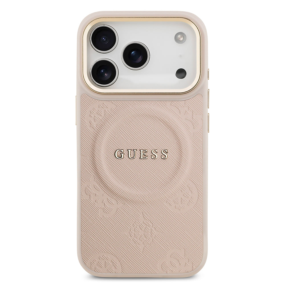 iPhone 17 Pro Kılıf Guess Orijinal Lisanslı M-safe Şarj Özellikli Sıcak Baskılı Yazı Logolu PU Deri Peony Kılıf