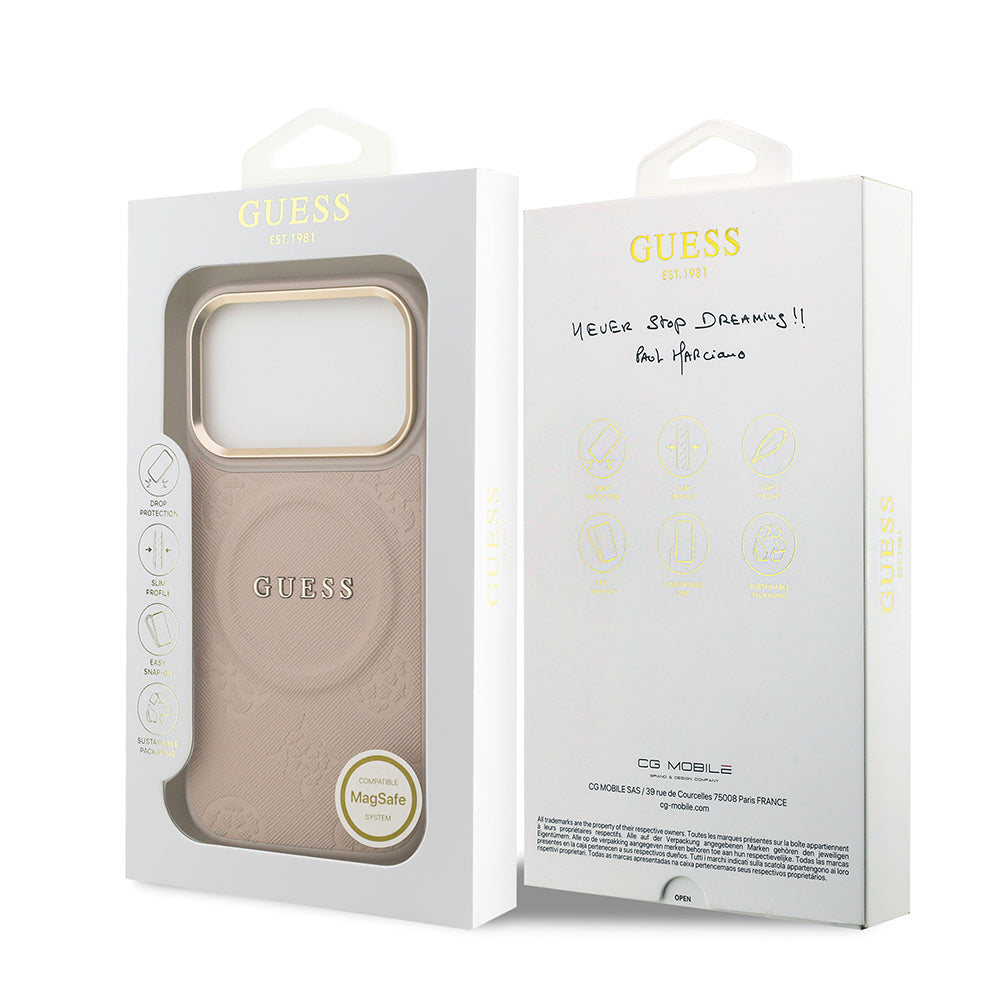 iPhone 17 Pro Kılıf Guess Orijinal Lisanslı M-safe Şarj Özellikli Sıcak Baskılı Yazı Logolu PU Deri Peony Kılıf