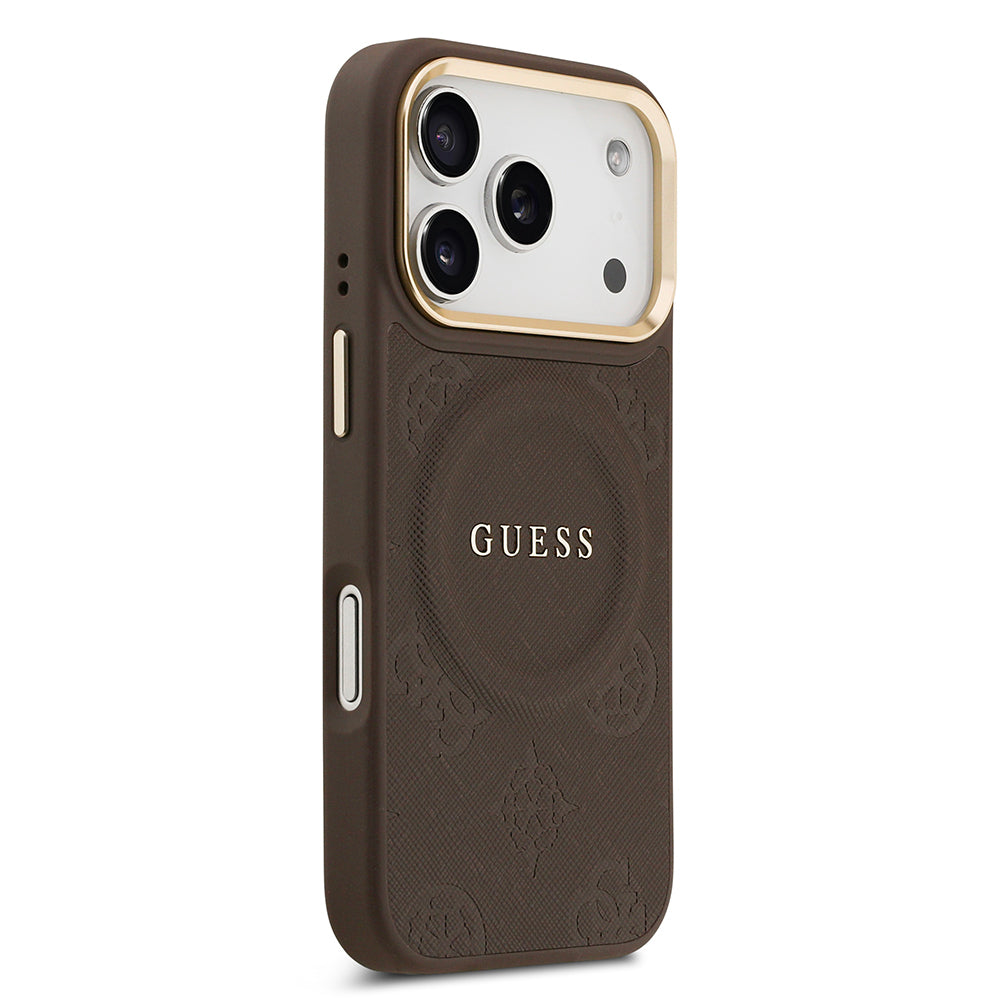 iPhone 17 Pro Kılıf Guess Orijinal Lisanslı M-safe Şarj Özellikli Sıcak Baskılı Yazı Logolu PU Deri Peony Kılıf