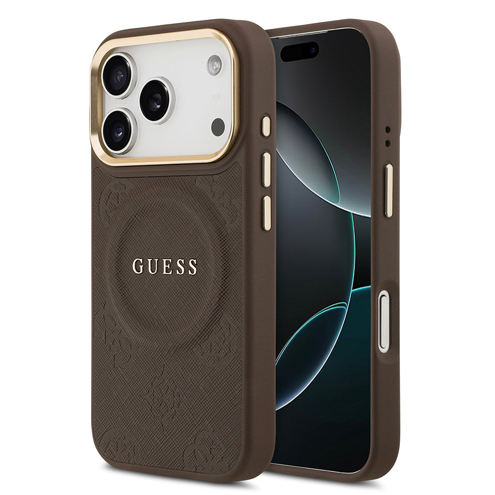 iPhone 17 Pro Kılıf Guess Orijinal Lisanslı M-safe Şarj Özellikli Sıcak Baskılı Yazı Logolu PU Deri Peony Kılıf