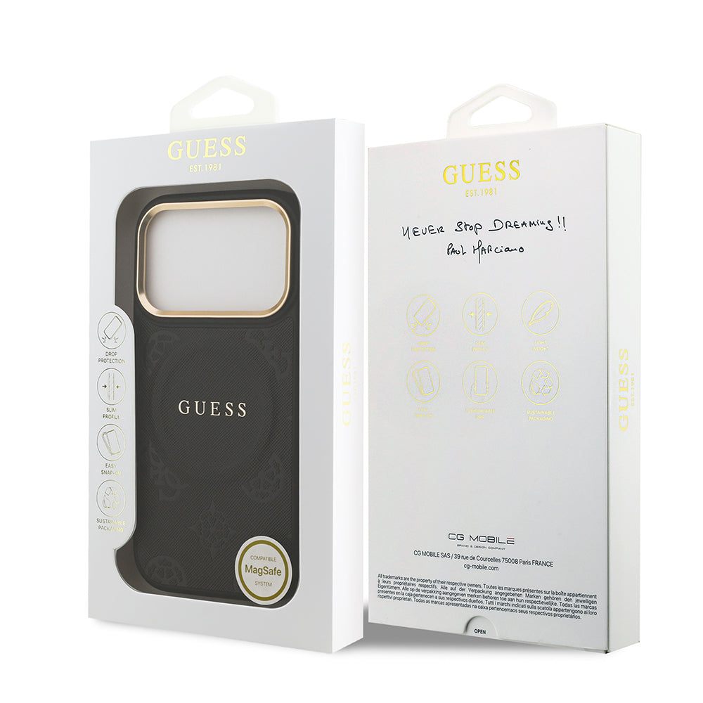 iPhone 17 Pro Kılıf Guess Orijinal Lisanslı M-safe Şarj Özellikli Sıcak Baskılı Yazı Logolu PU Deri Peony Kılıf