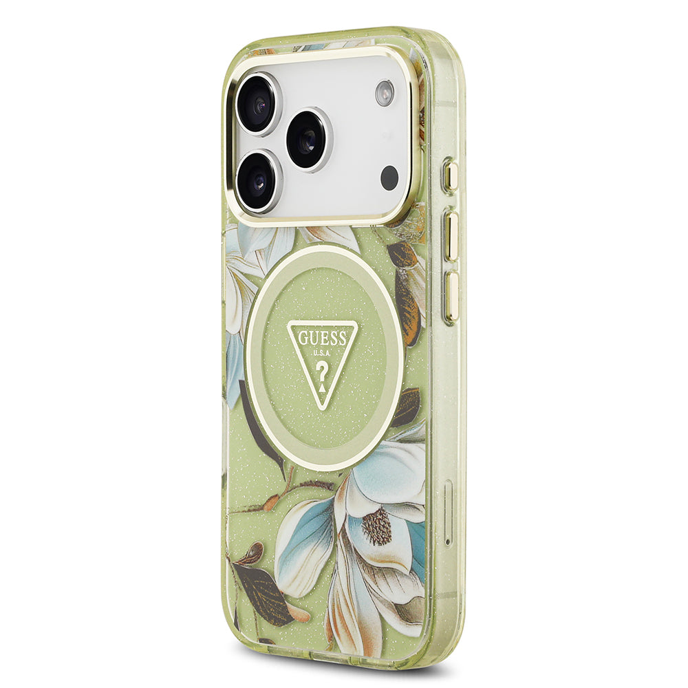 iPhone 17 Pro Kılıf Guess Orijinal Lisanslı M-safe Şarj Özellikli Simli Çiçek Desenli Metal Kamera Çerçeveli Üçgen Logolu Kılıf