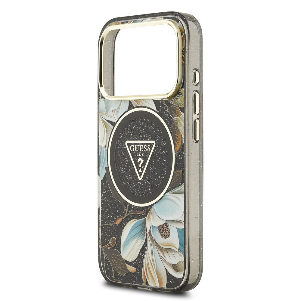 iPhone 17 Pro Kılıf Guess Orijinal Lisanslı M-safe Şarj Özellikli Simli Çiçek Desenli Metal Kamera Çerçeveli Üçgen Logolu Kılıf