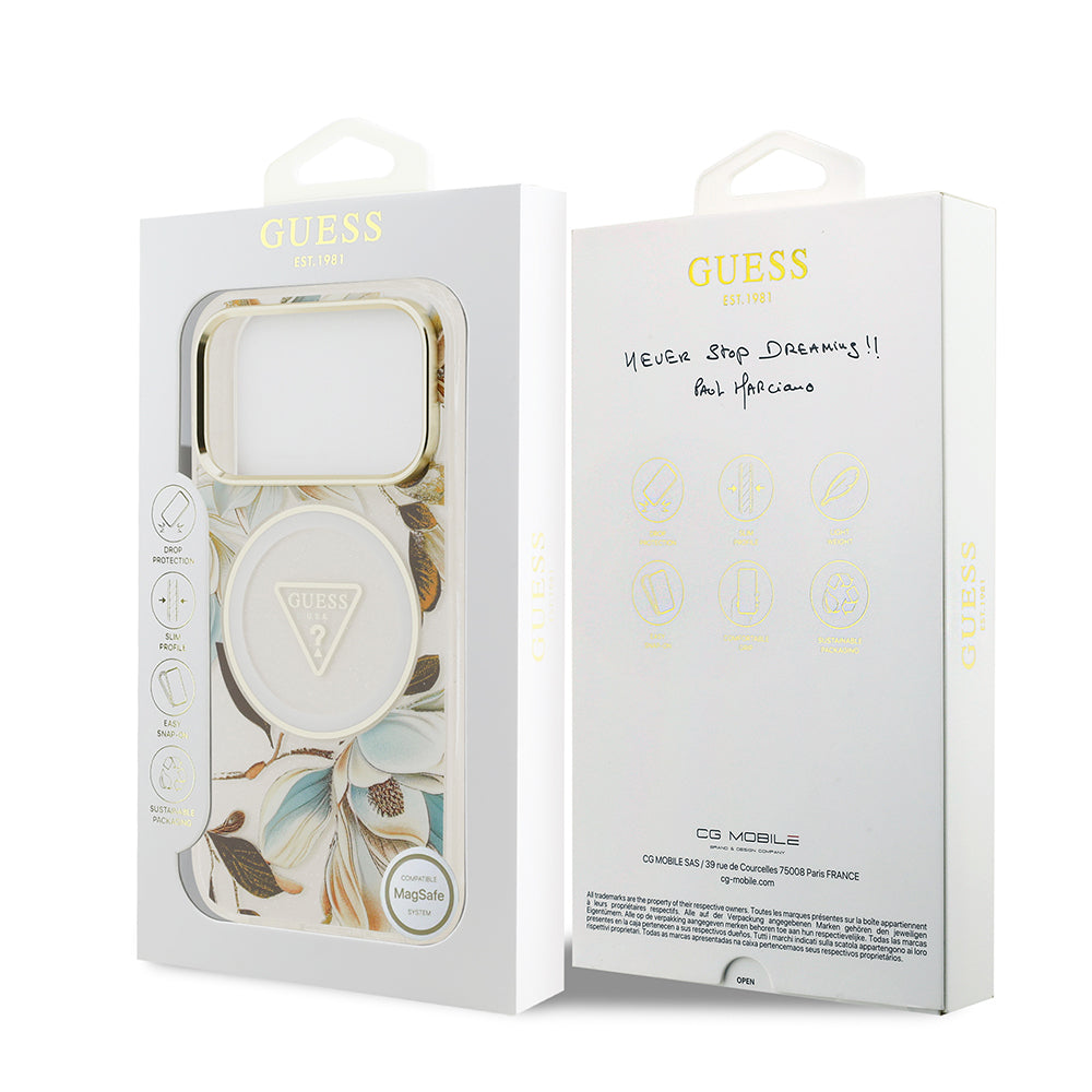 iPhone 17 Pro Kılıf Guess Orijinal Lisanslı M-safe Şarj Özellikli Simli Çiçek Desenli Metal Kamera Çerçeveli Üçgen Logolu Kılıf