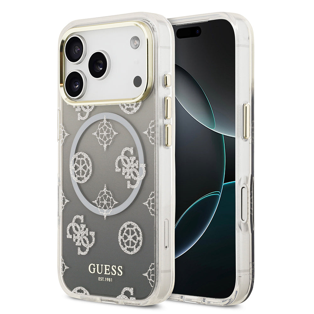 iPhone 17 Pro Kılıf Guess Orijinal Lisanslı M-safe Şarj Özellikli Simli Peony Desenli Silikon Kılıf