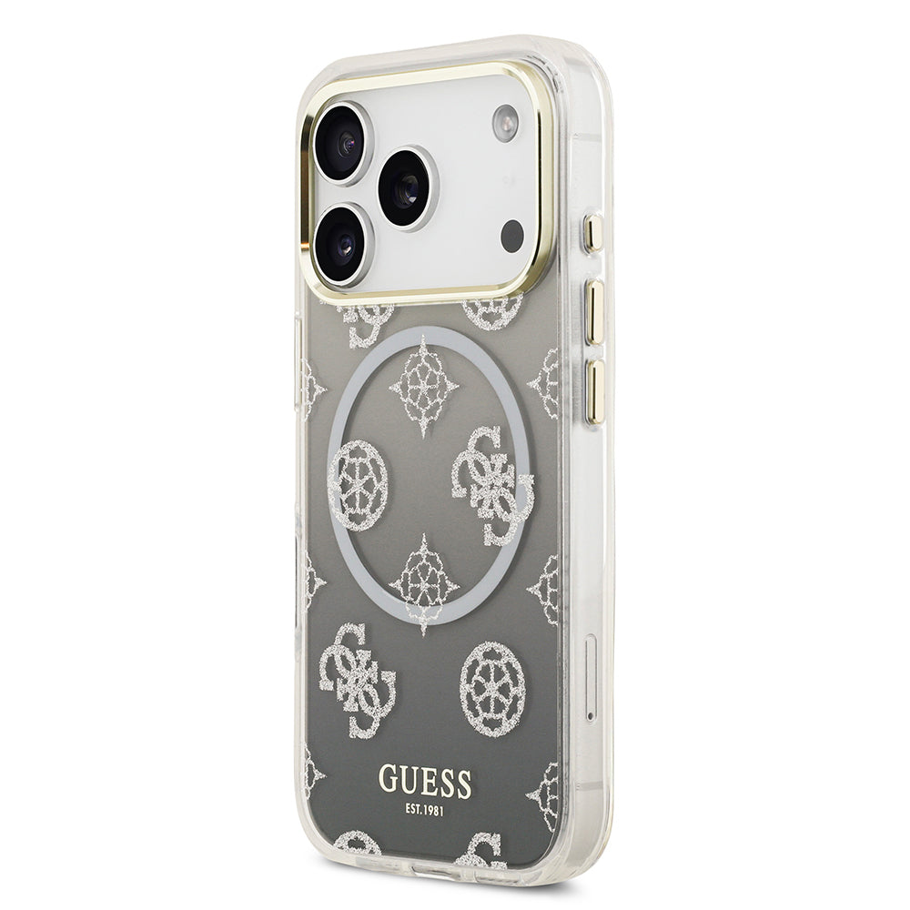 iPhone 17 Pro Kılıf Guess Orijinal Lisanslı M-safe Şarj Özellikli Simli Peony Desenli Silikon Kılıf