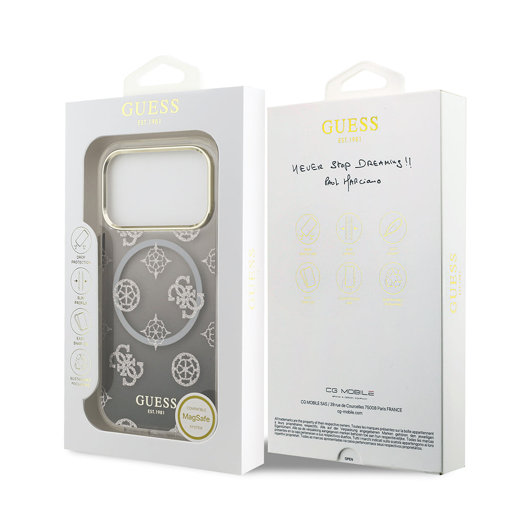 iPhone 17 Pro Kılıf Guess Orijinal Lisanslı M-safe Şarj Özellikli Simli Peony Desenli Silikon Kılıf