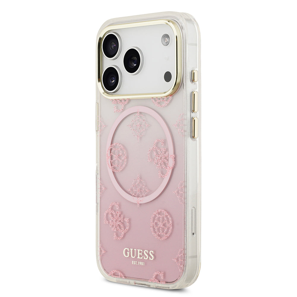 iPhone 17 Pro Kılıf Guess Orijinal Lisanslı M-safe Şarj Özellikli Simli Peony Desenli Silikon Kılıf