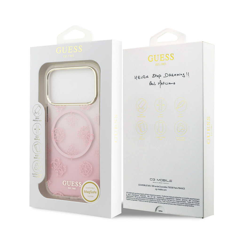iPhone 17 Pro Kılıf Guess Orijinal Lisanslı M-safe Şarj Özellikli Simli Peony Desenli Silikon Kılıf