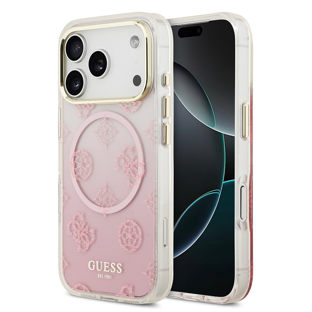 iPhone 17 Pro Kılıf Guess Orijinal Lisanslı M-safe Şarj Özellikli Simli Peony Desenli Silikon Kılıf