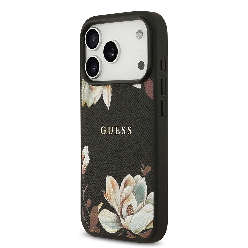 iPhone 17 Pro Kılıf Guess Orijinal Lisanslı M-safe Şarj Özellikli Taneli Çiçek Tasarımlı Metal Yazı Logolu Kılıf