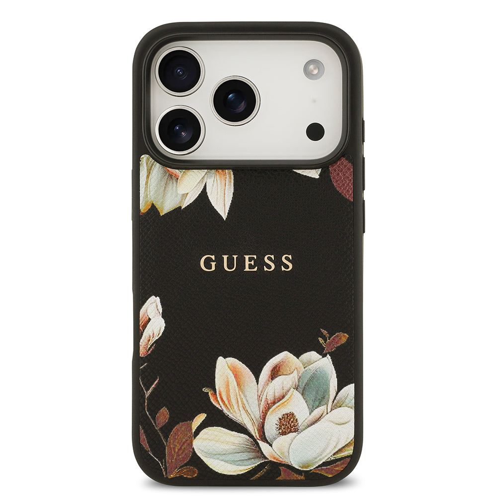 iPhone 17 Pro Kılıf Guess Orijinal Lisanslı M-safe Şarj Özellikli Taneli Çiçek Tasarımlı Metal Yazı Logolu Kılıf