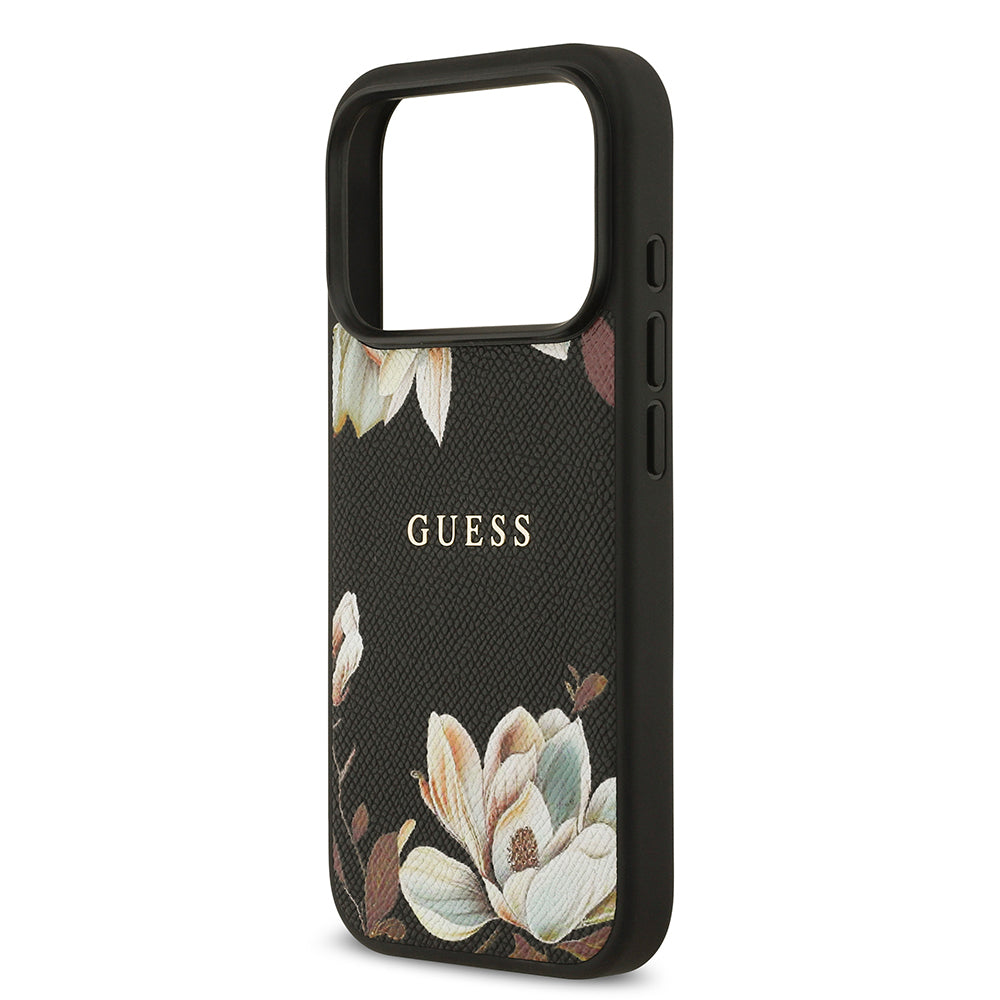 iPhone 17 Pro Kılıf Guess Orijinal Lisanslı M-safe Şarj Özellikli Taneli Çiçek Tasarımlı Metal Yazı Logolu Kılıf